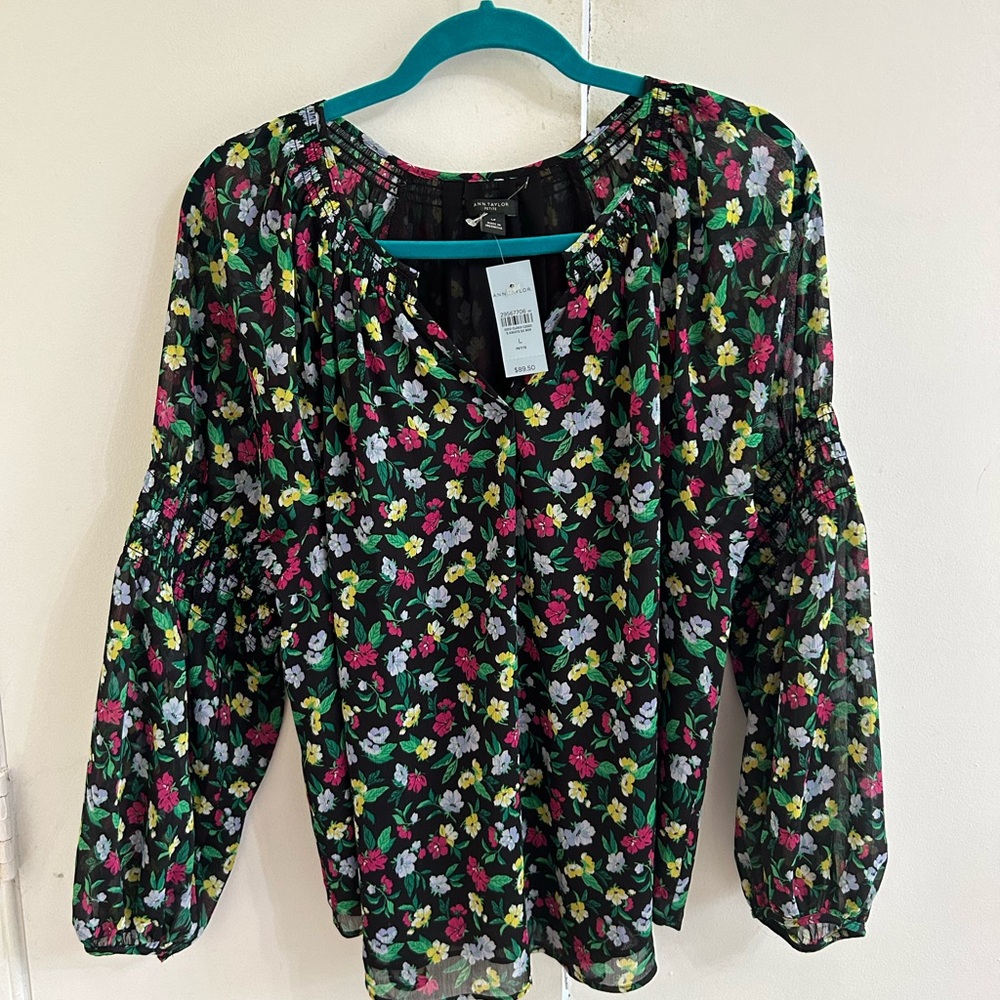 Ann Taylor Black and Pink Ruched Cuffed Sleeve Blouse
